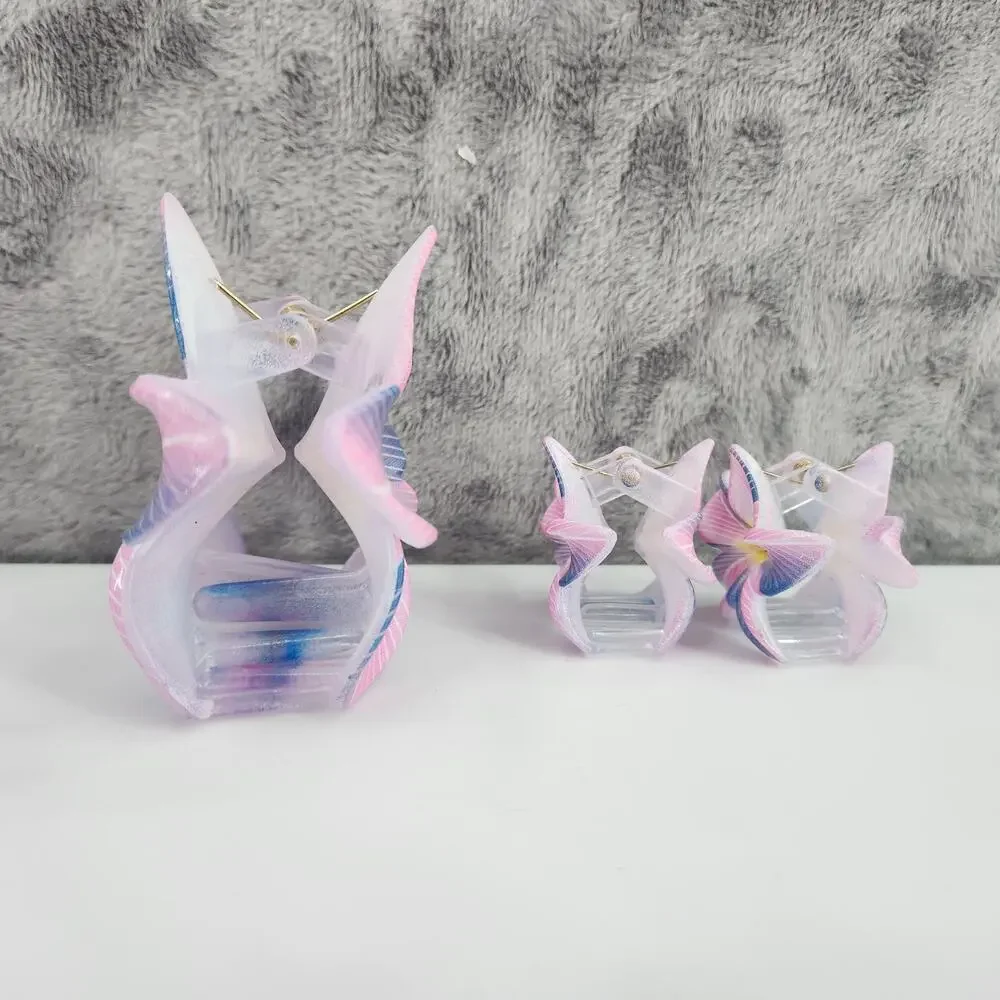 3 pc Hawaiian Flower Claw Clip Set - Hair Accessories Purple & Pink Plumeria